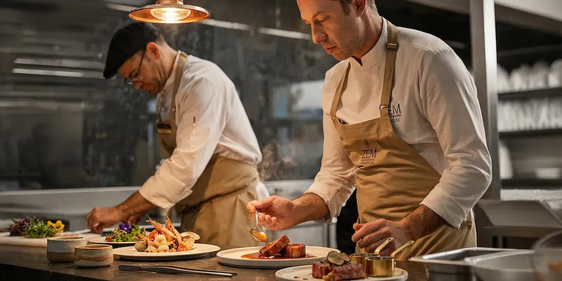 chef serveert een bord met vlees erop en sous chef bereidt de groente